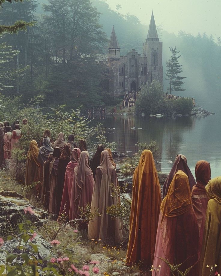 Cloaked women in many colors gathering beside the water on their way to a castle