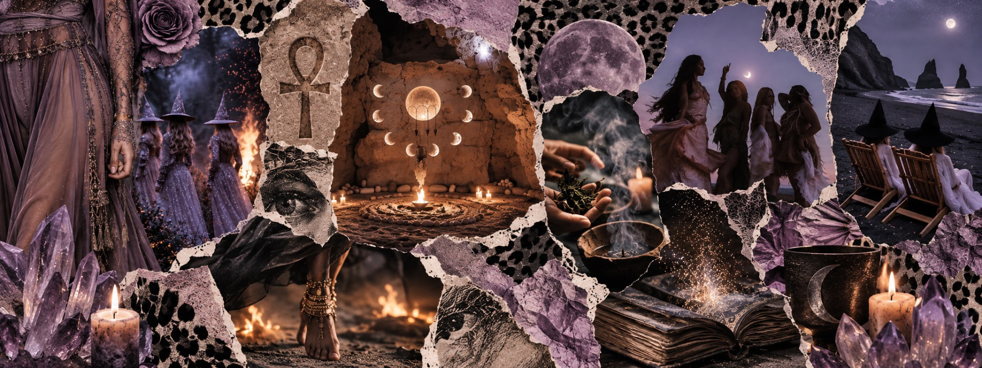 Torn-paper collage of witches at a fire, moon rituals, a spellbook, roses, leopard print, crystals, and candles