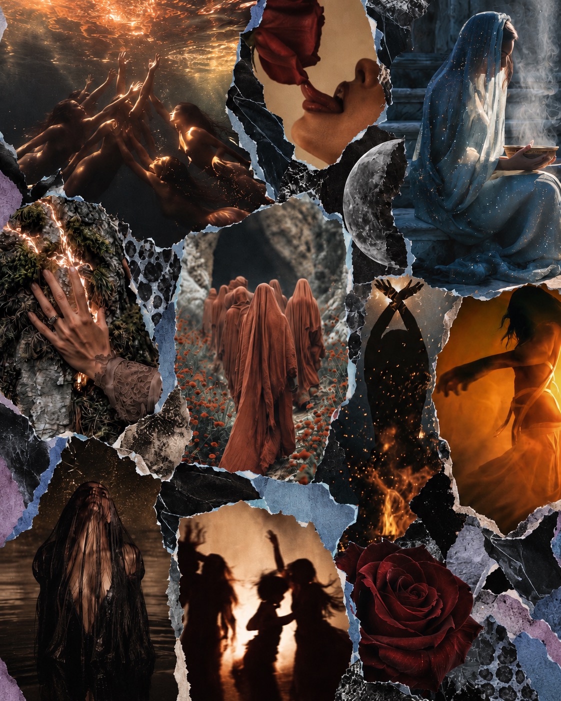 Torn-paper collage of women, moon imagery, fire, a rose, and ritual scenes
