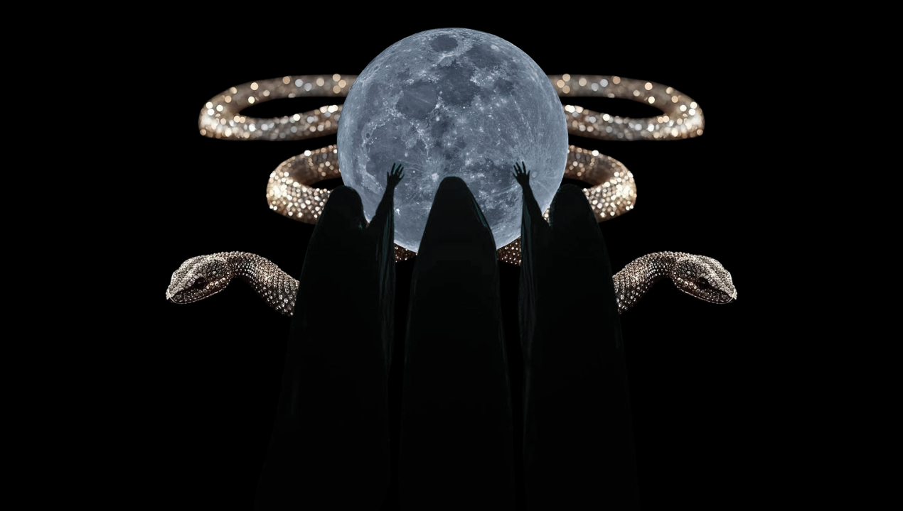 Three cloaked women beneath a full moon encircled by jeweled serpents