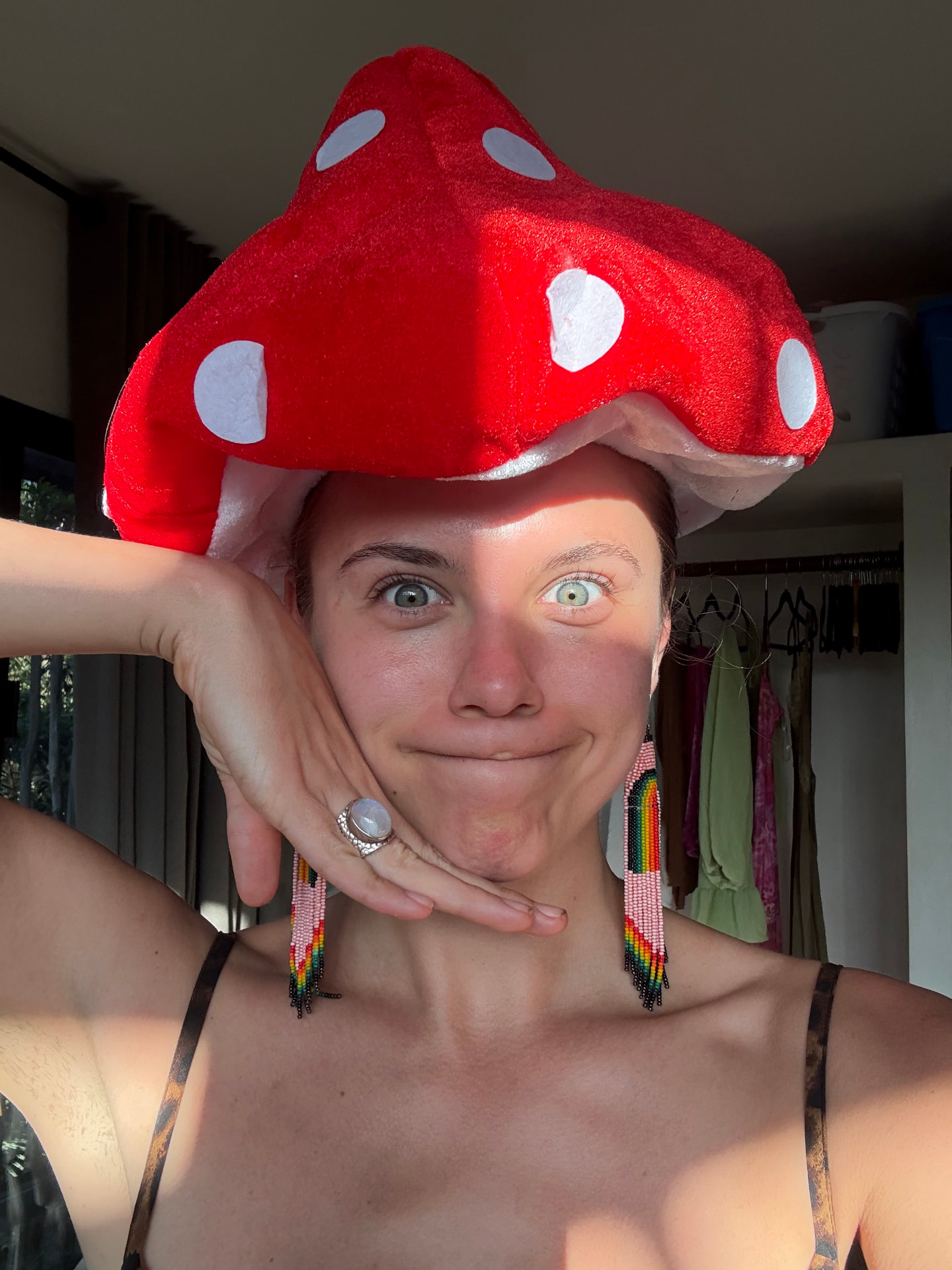 Erika Elizabeth wearing a red mushroom hat